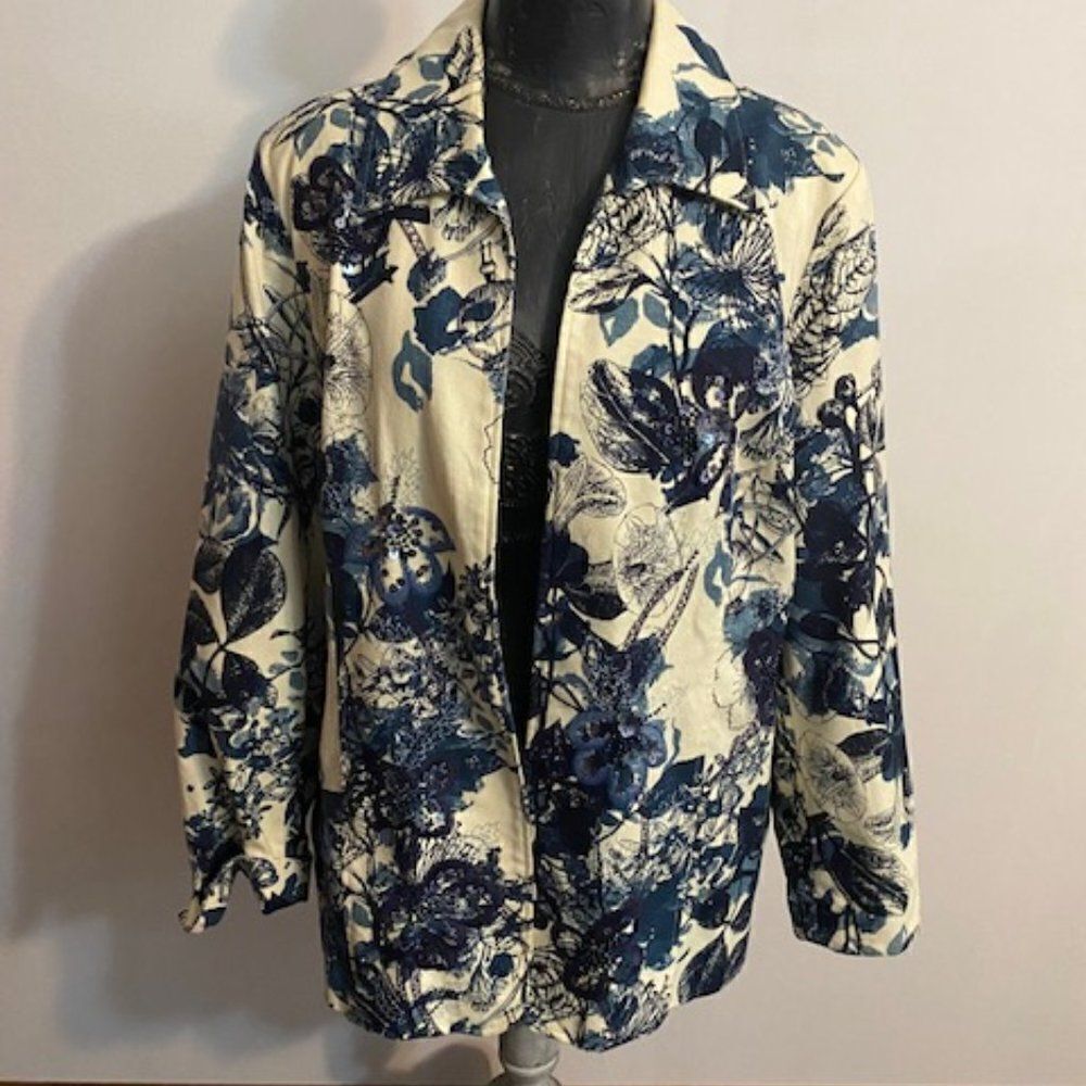 Coldwater Creek 80's Sequined Blue/White Floral open blazer, size 20W